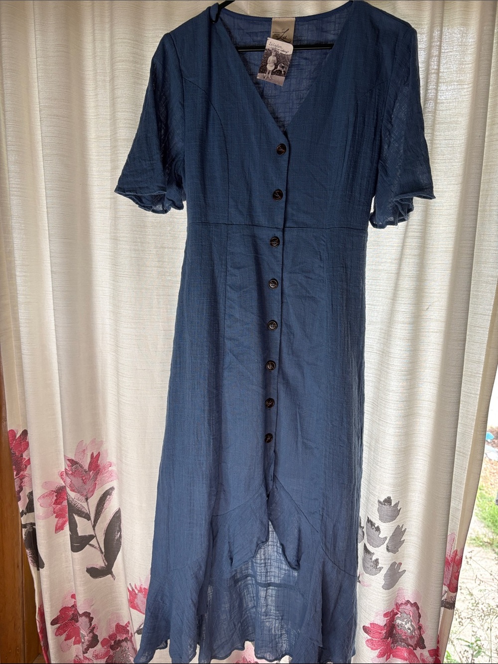 Boutique Textured Navy Button-Front Maxi Dress Tie Belt Lu Couture NWT